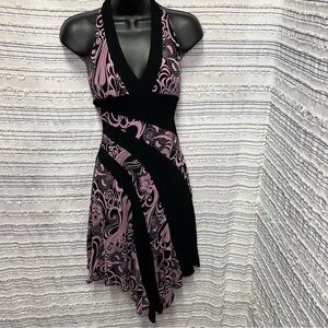 SOLD bebe Y2K Halter Neck Graphic Dress Black Pink Scroll Print | Size S